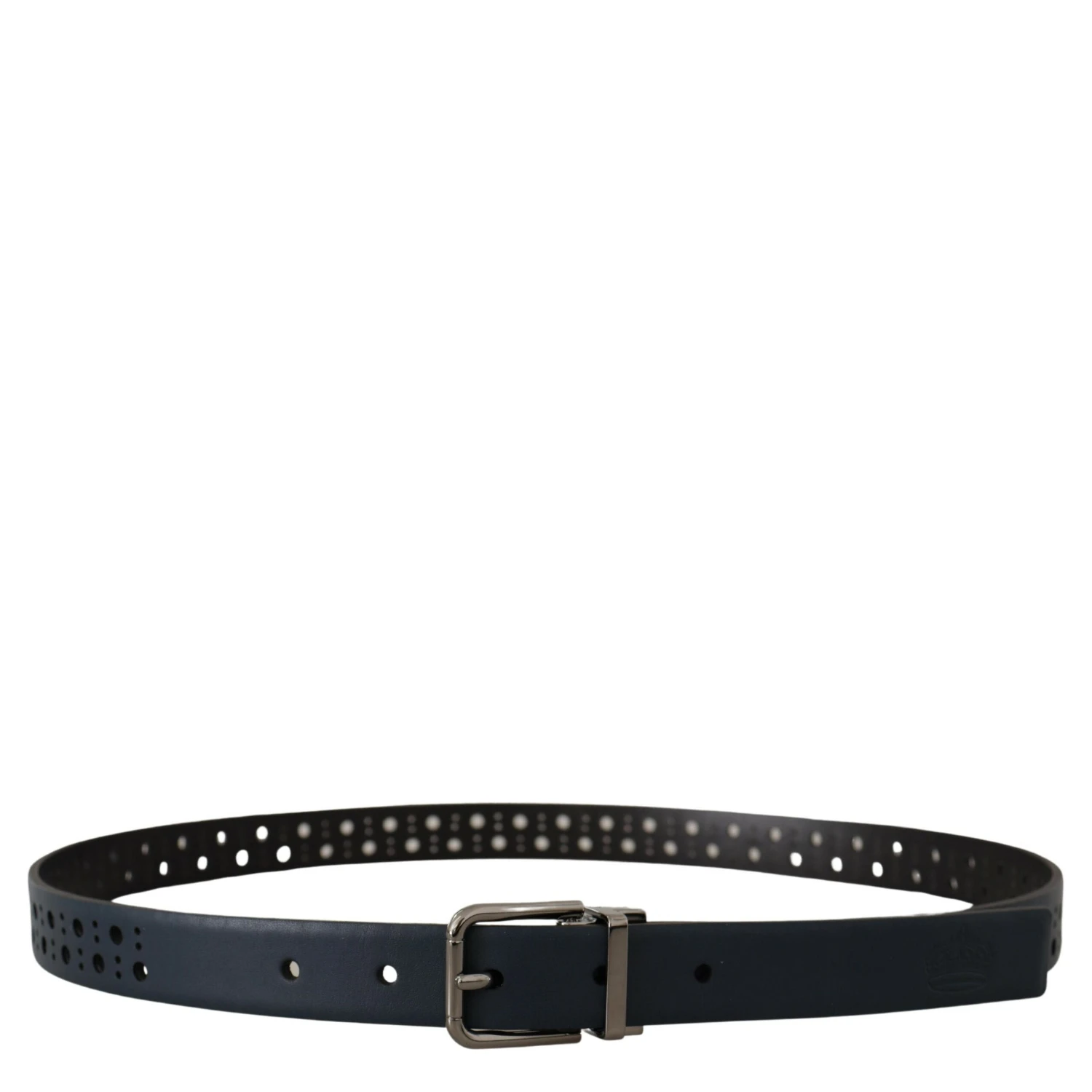 Navy Blue Perforated Leather Skinny Metal Buckle Belt