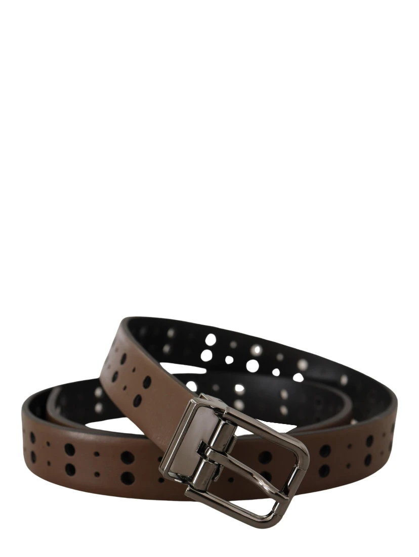 Dark Brown Perforated Leather Metal Belt