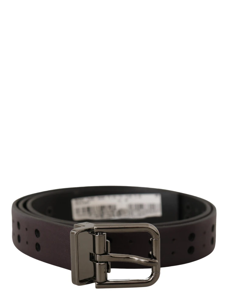 Burgundy Leather Perforated Metal Buckle Belt