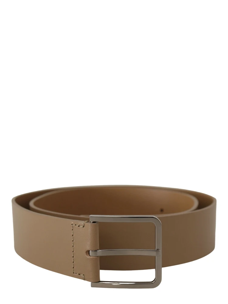 Beige Calf Leather Wide Silver Metal Belt