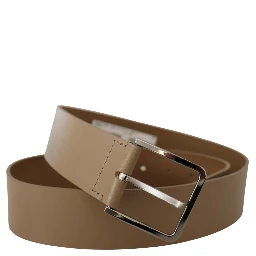 Beige Calf Leather Wide Silver Metal Belt