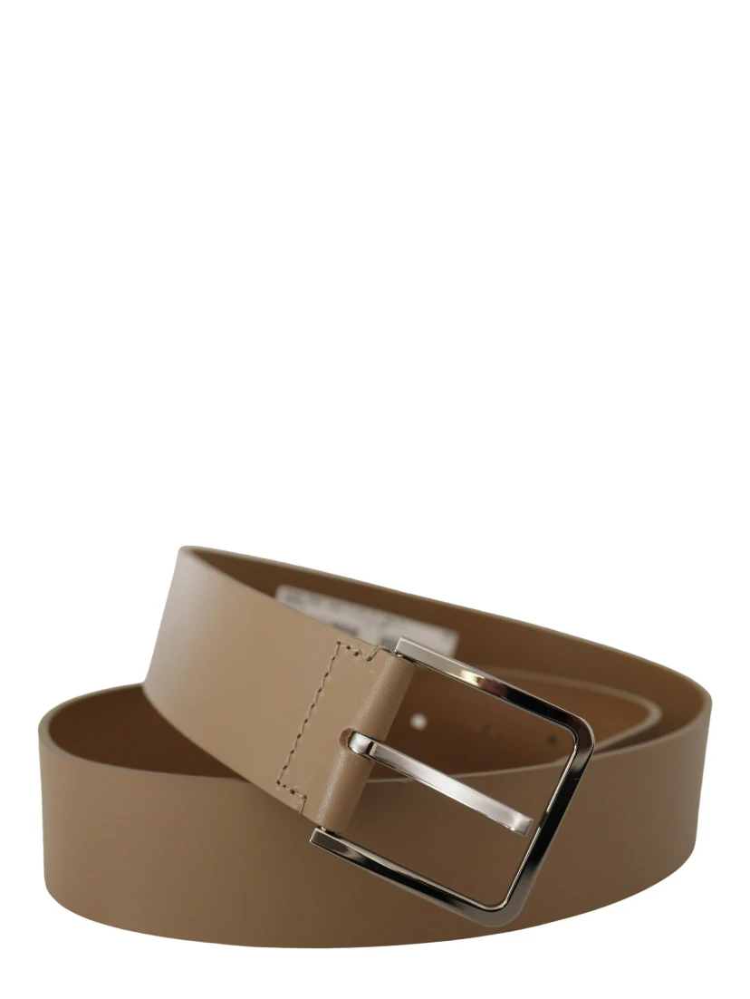 Beige Calf Leather Wide Silver Metal Belt