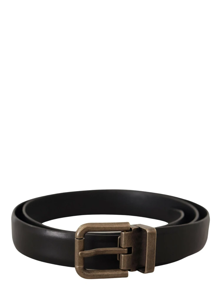 Black Calf Leather Brushed Brass Box Buckle Belt