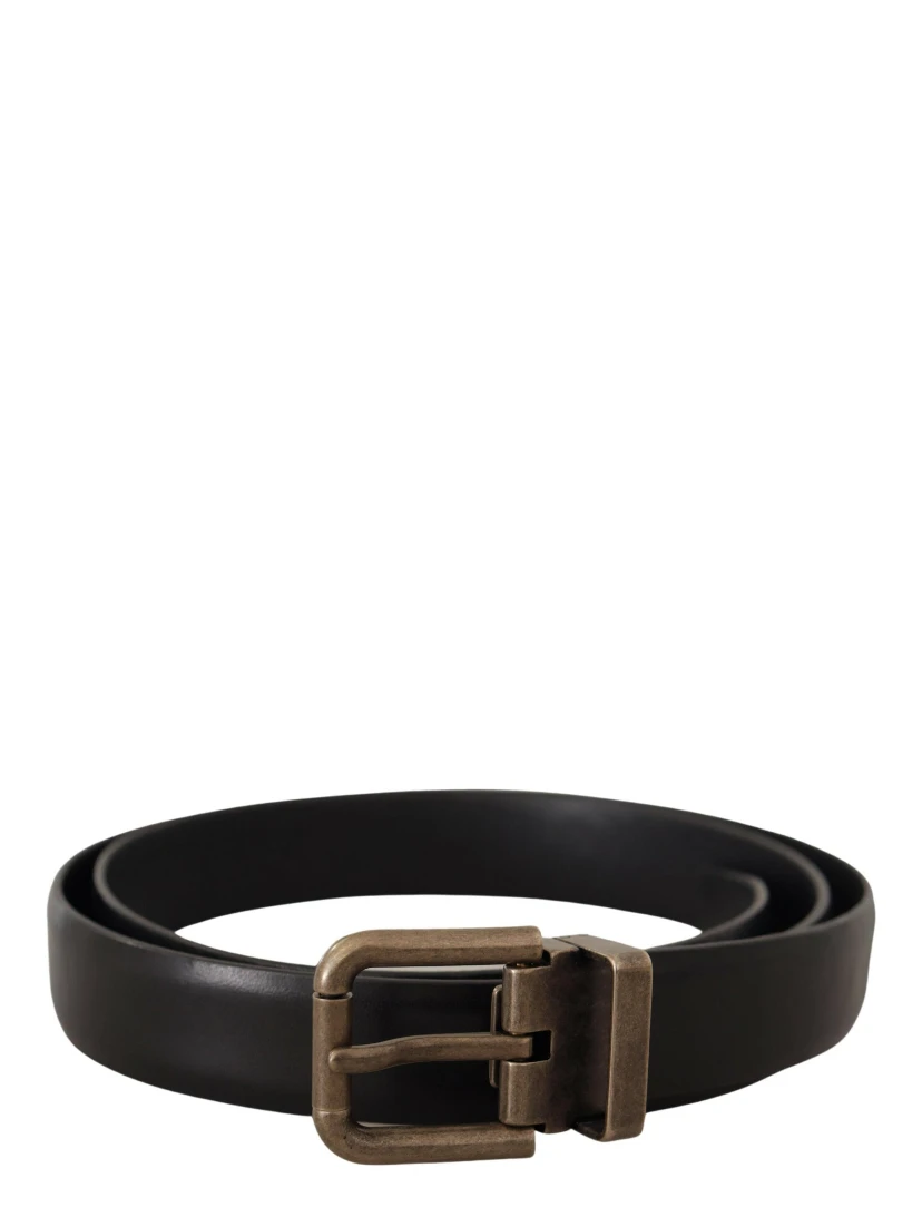 Black Calf Leather Brushed Brass Box Buckle Belt