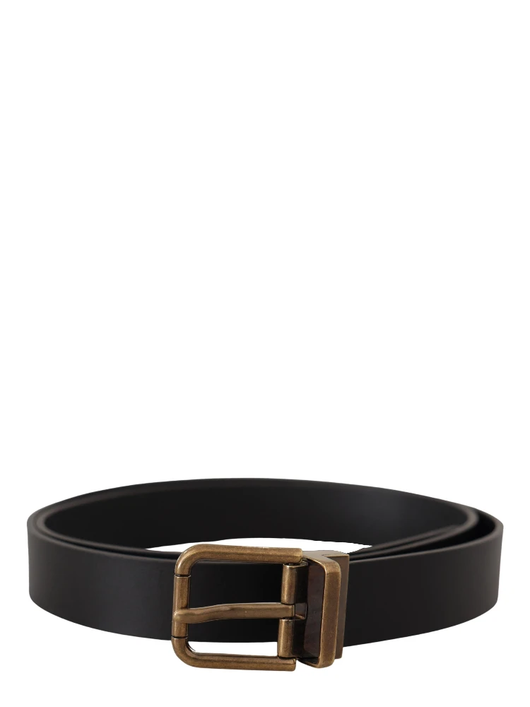 Black Leather Brass Metal Box Buckle Belt