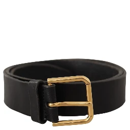 Black Leather Gold Tone Logo Metal Buckle Belt