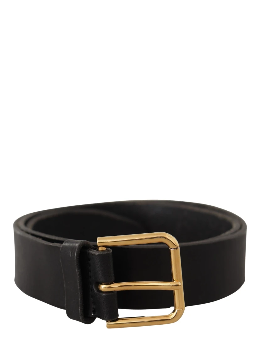Black Leather Gold Tone Logo Metal Buckle Belt