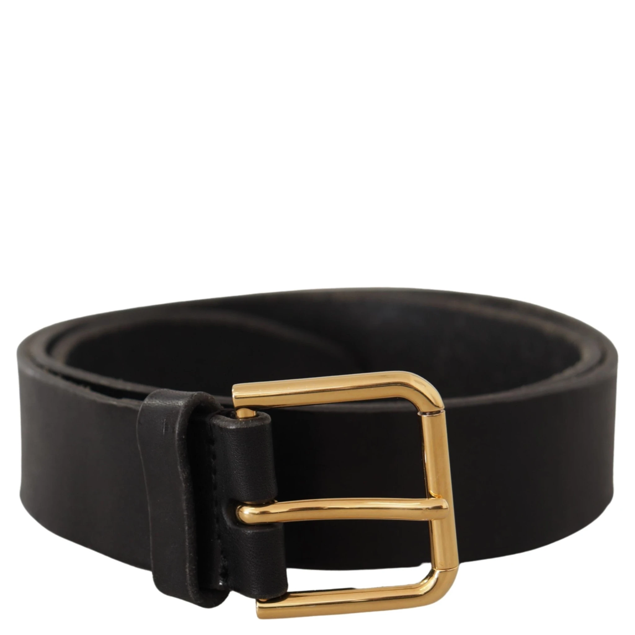 Black Leather Gold Tone Logo Metal Buckle Belt