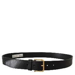 Black Leather Gold Tone Logo Metal Buckle Belt