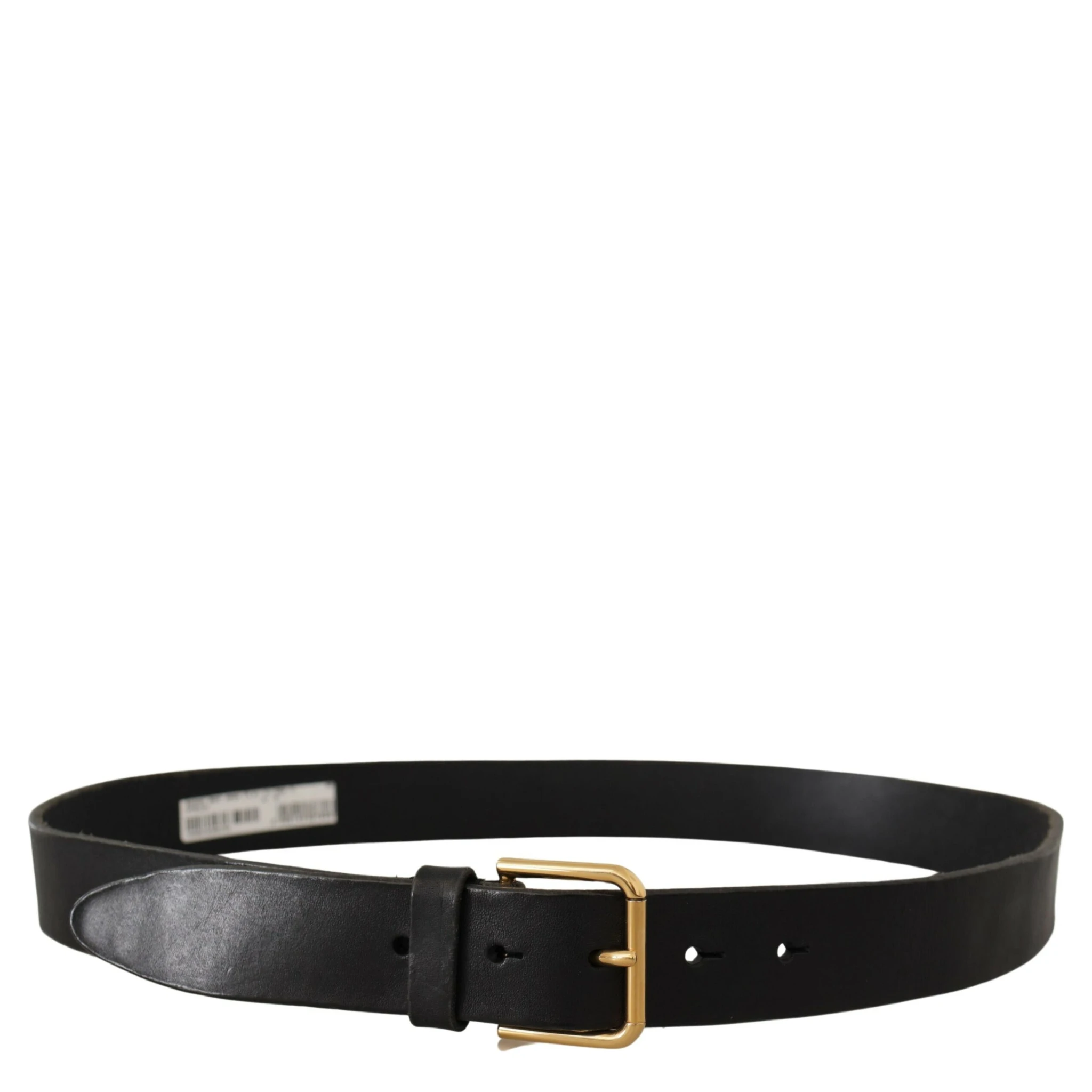 Black Leather Gold Tone Logo Metal Buckle Belt