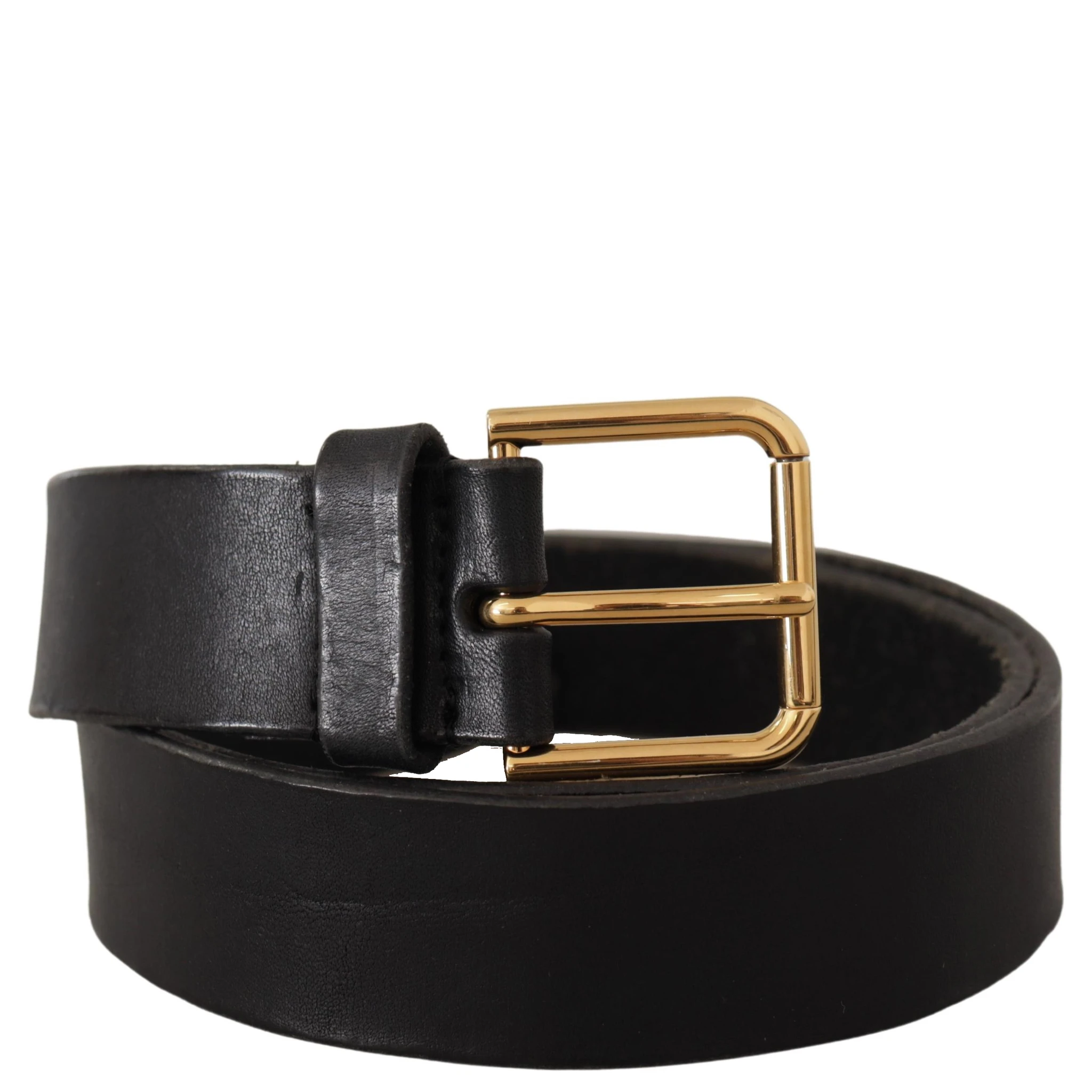 Black Leather Gold Tone Logo Metal Buckle Belt