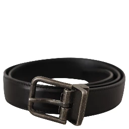 Black Calf Leather Logo Metal Buckle Belt