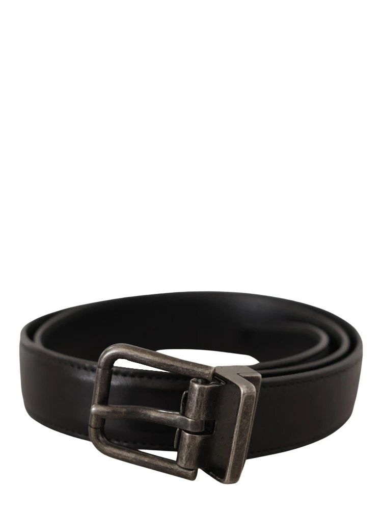 Black Calf Leather Logo Metal Buckle Belt