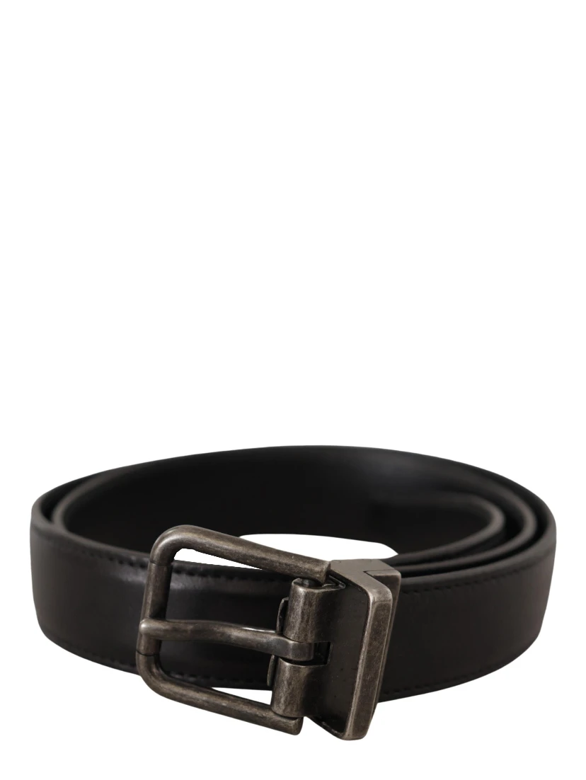 Black Calf Leather Logo Metal Buckle Belt