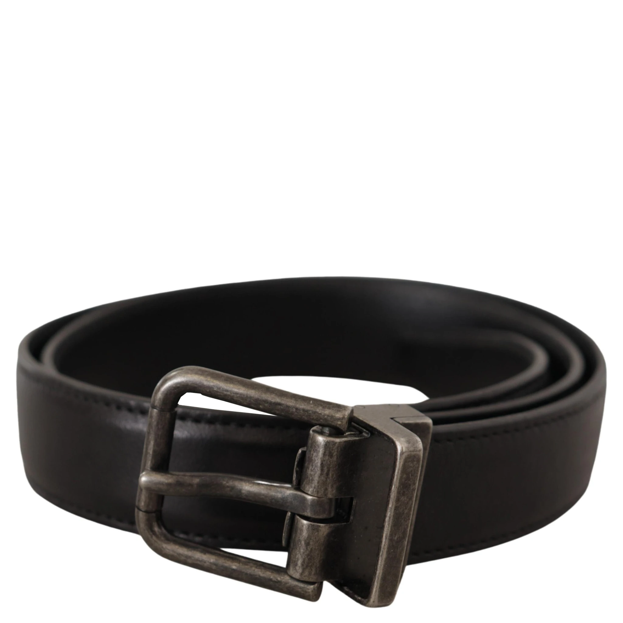 Black Calf Leather Logo Metal Buckle Belt