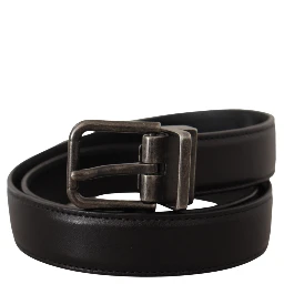 Black Calf Leather Logo Metal Buckle Belt