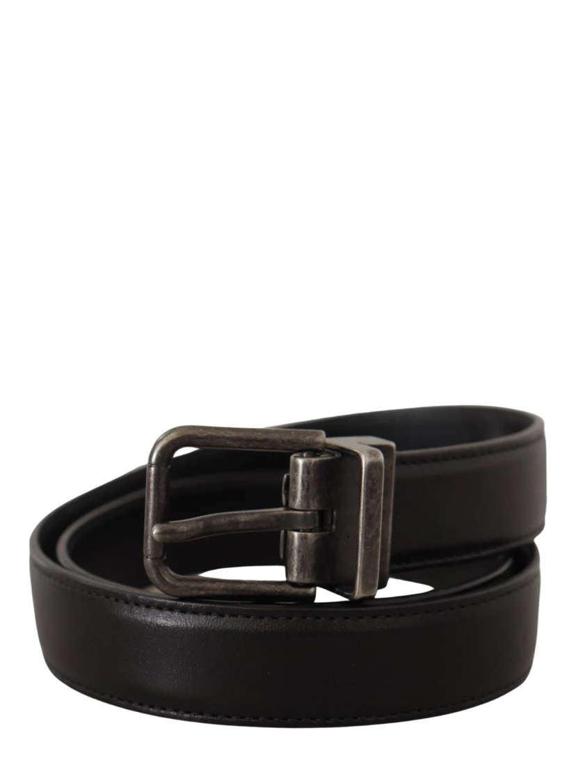 Black Calf Leather Logo Metal Buckle Belt