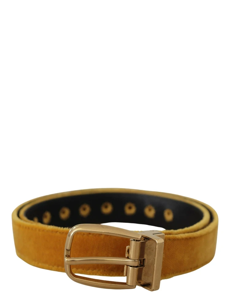 Mustard Velvet Gold Logo Engraved Metal Buckle Belt