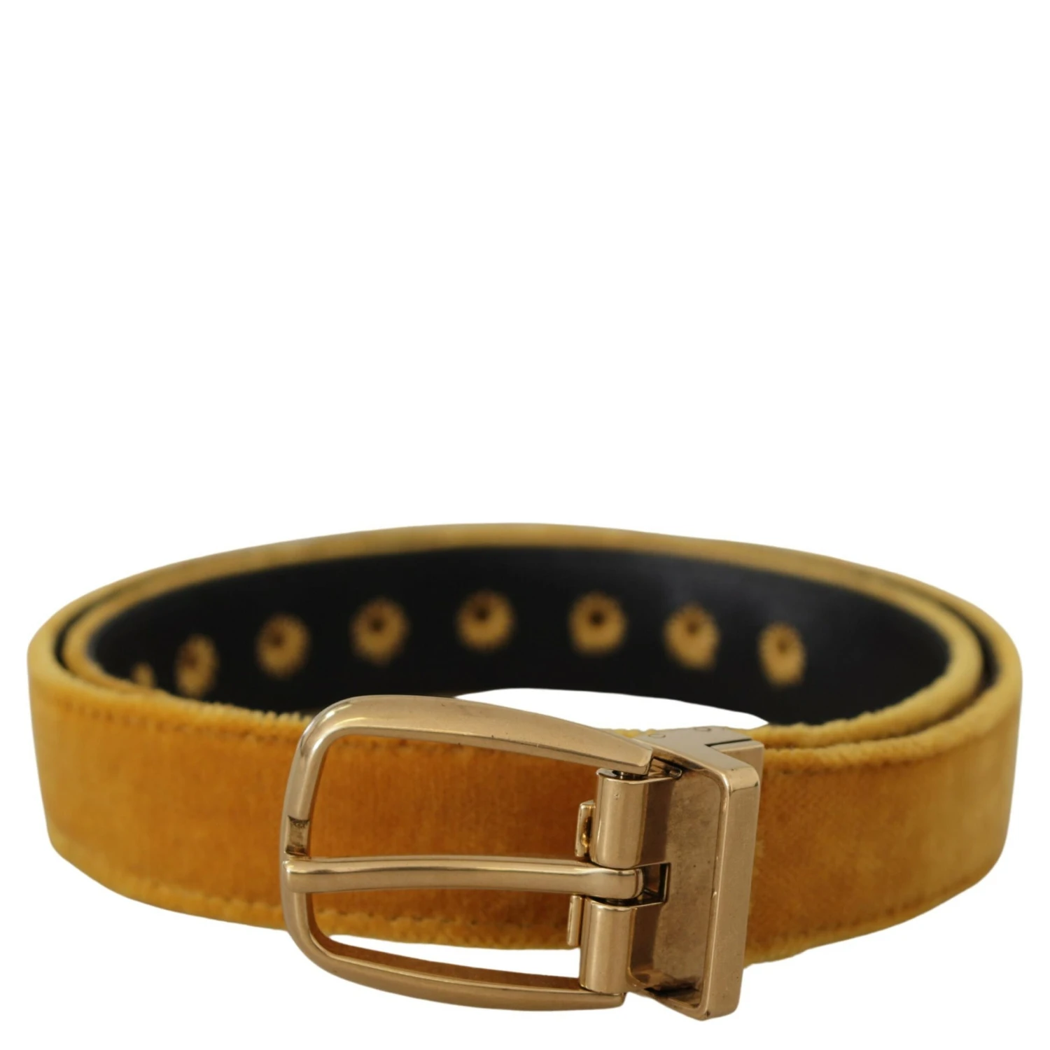Mustard Velvet Gold Logo Engraved Metal Buckle Belt
