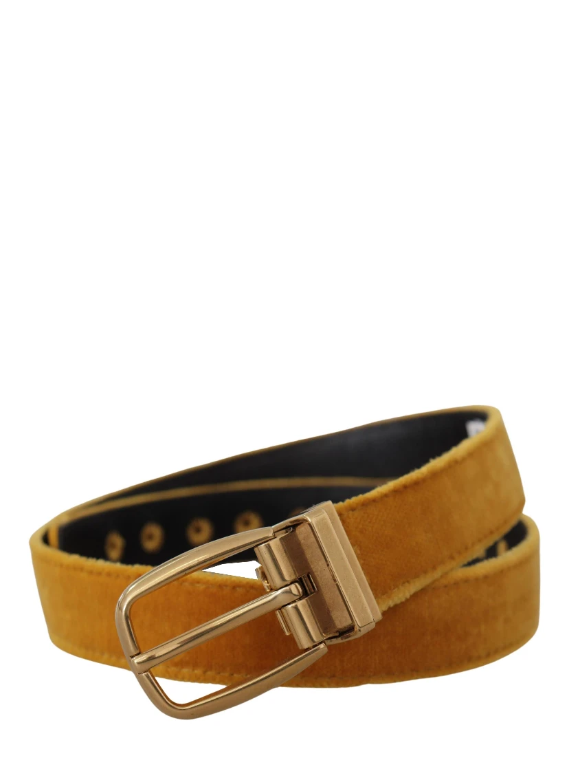 Mustard Velvet Gold Logo Engraved Metal Buckle Belt