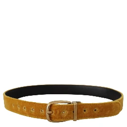 Mustard Velvet Gold Logo Engraved Metal Buckle Belt