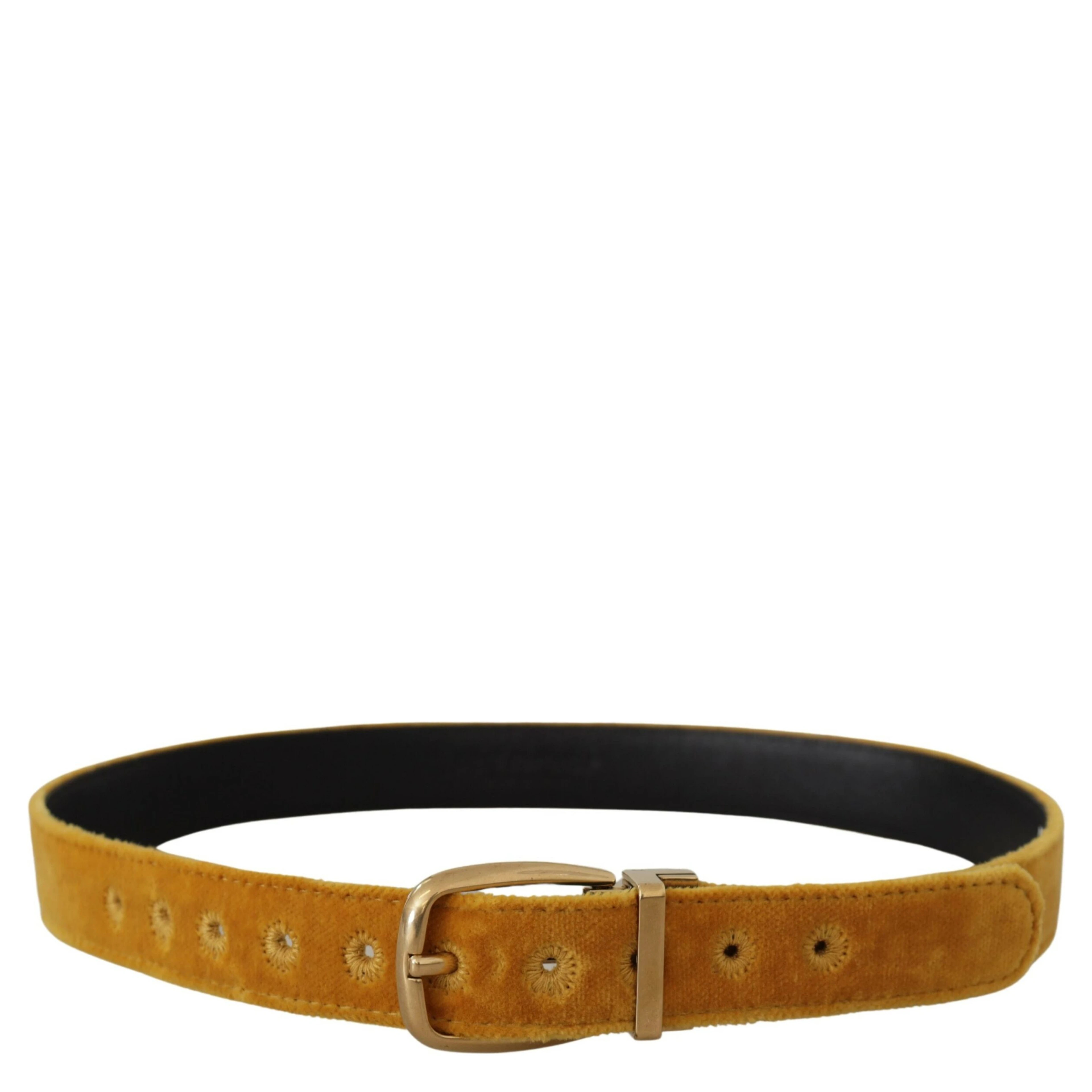 Mustard Velvet Gold Logo Engraved Metal Buckle Belt