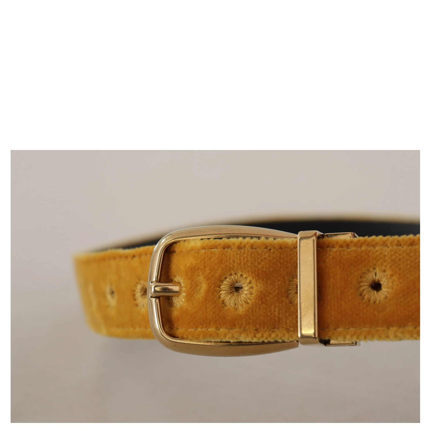 Mustard Velvet Gold Logo Engraved Metal Buckle Belt