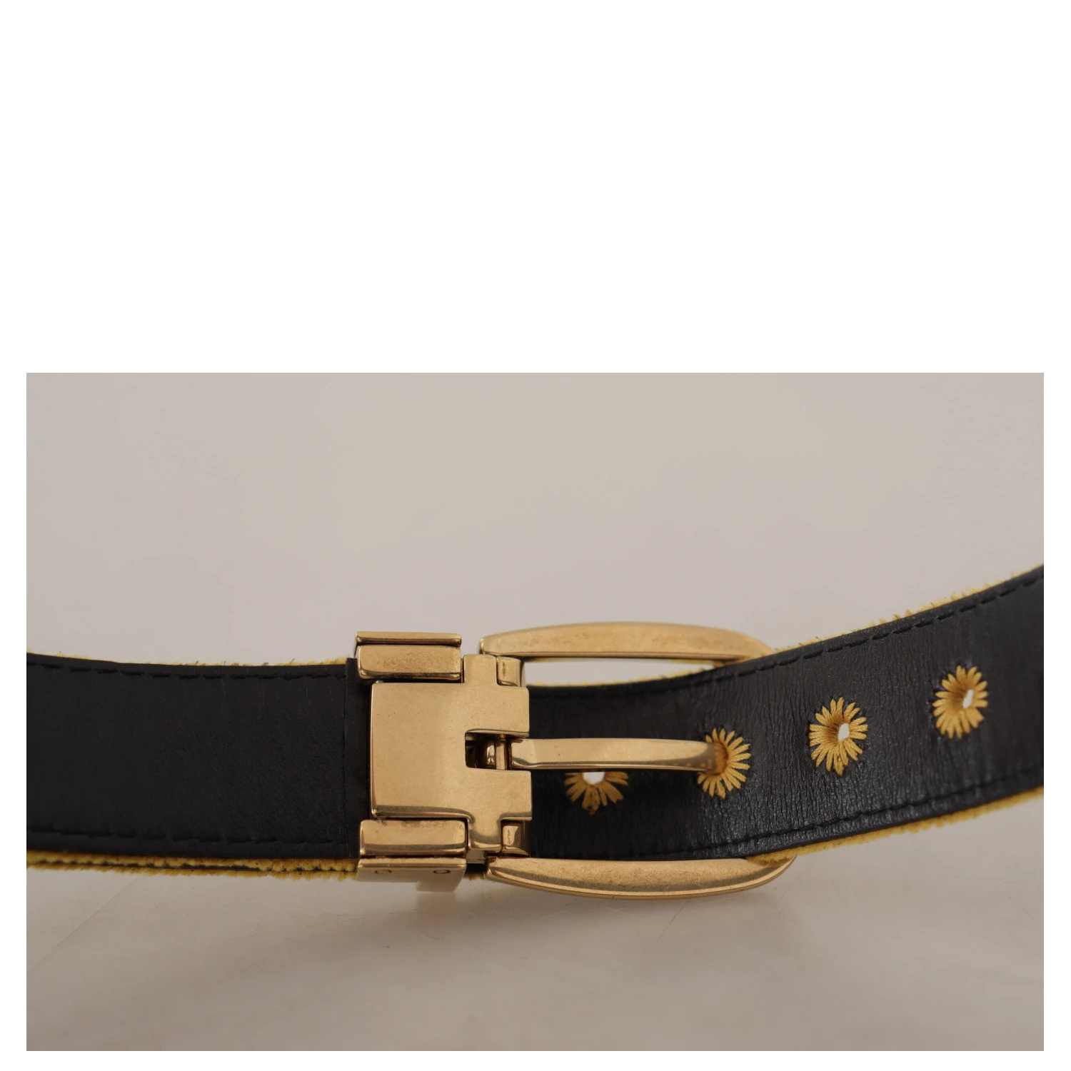 Mustard Velvet Gold Logo Engraved Metal Buckle Belt