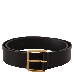 Black Calf Leather Gold Tone Logo Metal Buckle Belt