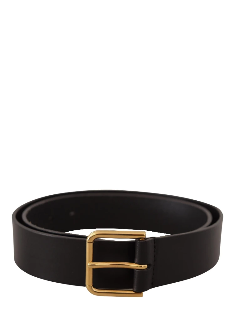 Black Calf Leather Gold Tone Logo Metal Buckle Belt
