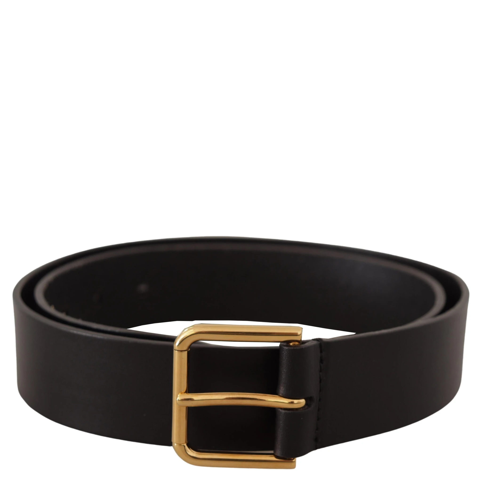 Black Calf Leather Gold Tone Logo Metal Buckle Belt