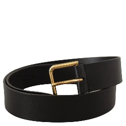 Black Calf Leather Gold Tone Logo Metal Buckle Belt
