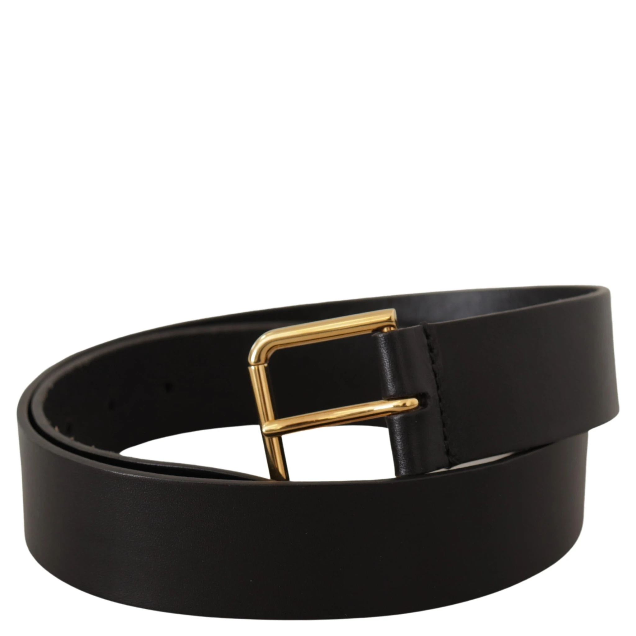 Black Calf Leather Gold Tone Logo Metal Buckle Belt