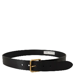 Black Calf Leather Gold Tone Logo Metal Buckle Belt