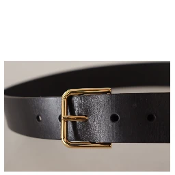 Black Calf Leather Gold Tone Logo Metal Buckle Belt