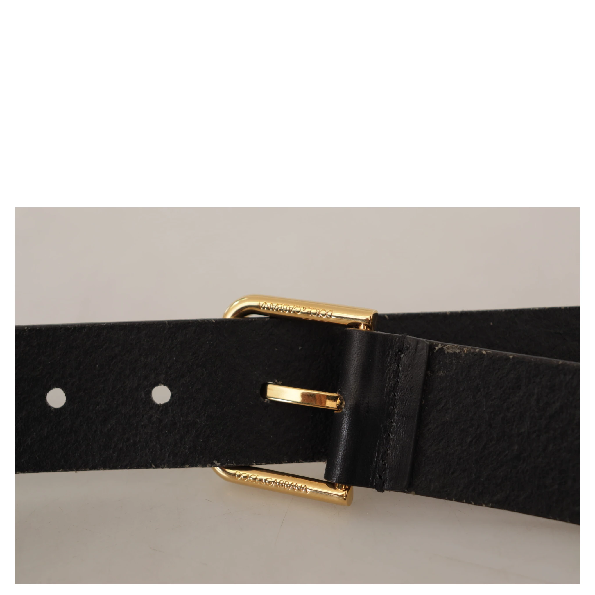 Black Calf Leather Gold Tone Logo Metal Buckle Belt