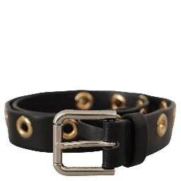 Black Leather Eyelet Silver Tone Metal Buckle Belt