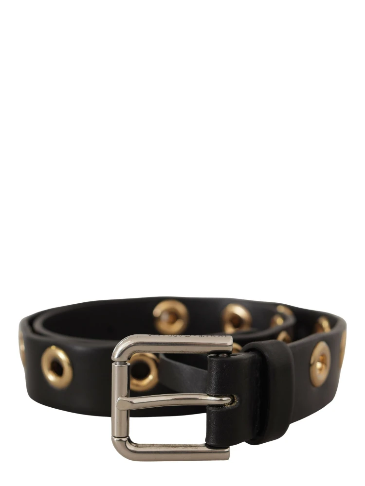 Black Leather Eyelet Silver Tone Metal Buckle Belt