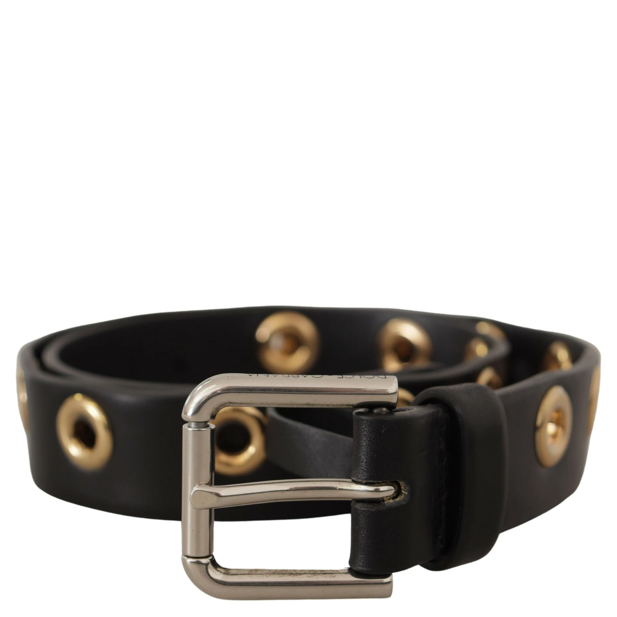 Black Leather Eyelet Silver Tone Metal Buckle Belt