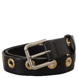 Black Leather Eyelet Silver Tone Metal Buckle Belt