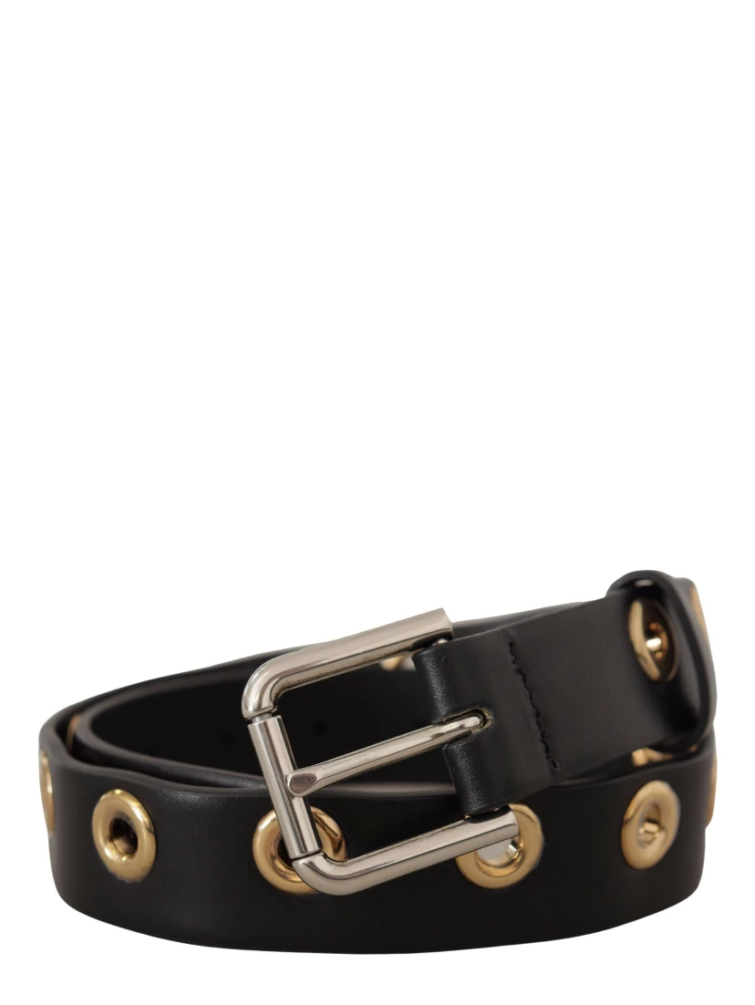 Black Leather Eyelet Silver Tone Metal Buckle Belt