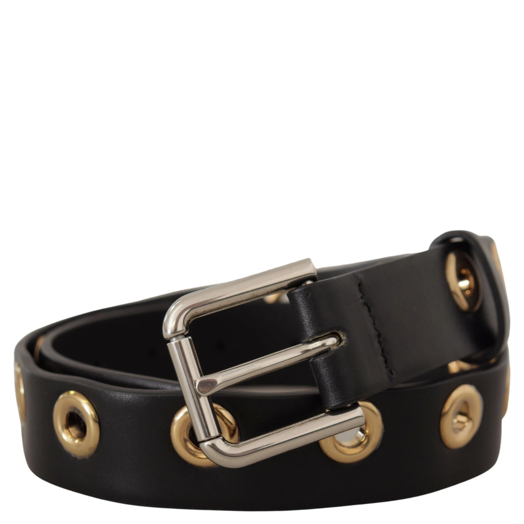 Black Leather Eyelet Silver Tone Metal Buckle Belt