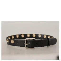 Black Leather Eyelet Silver Tone Metal Buckle Belt