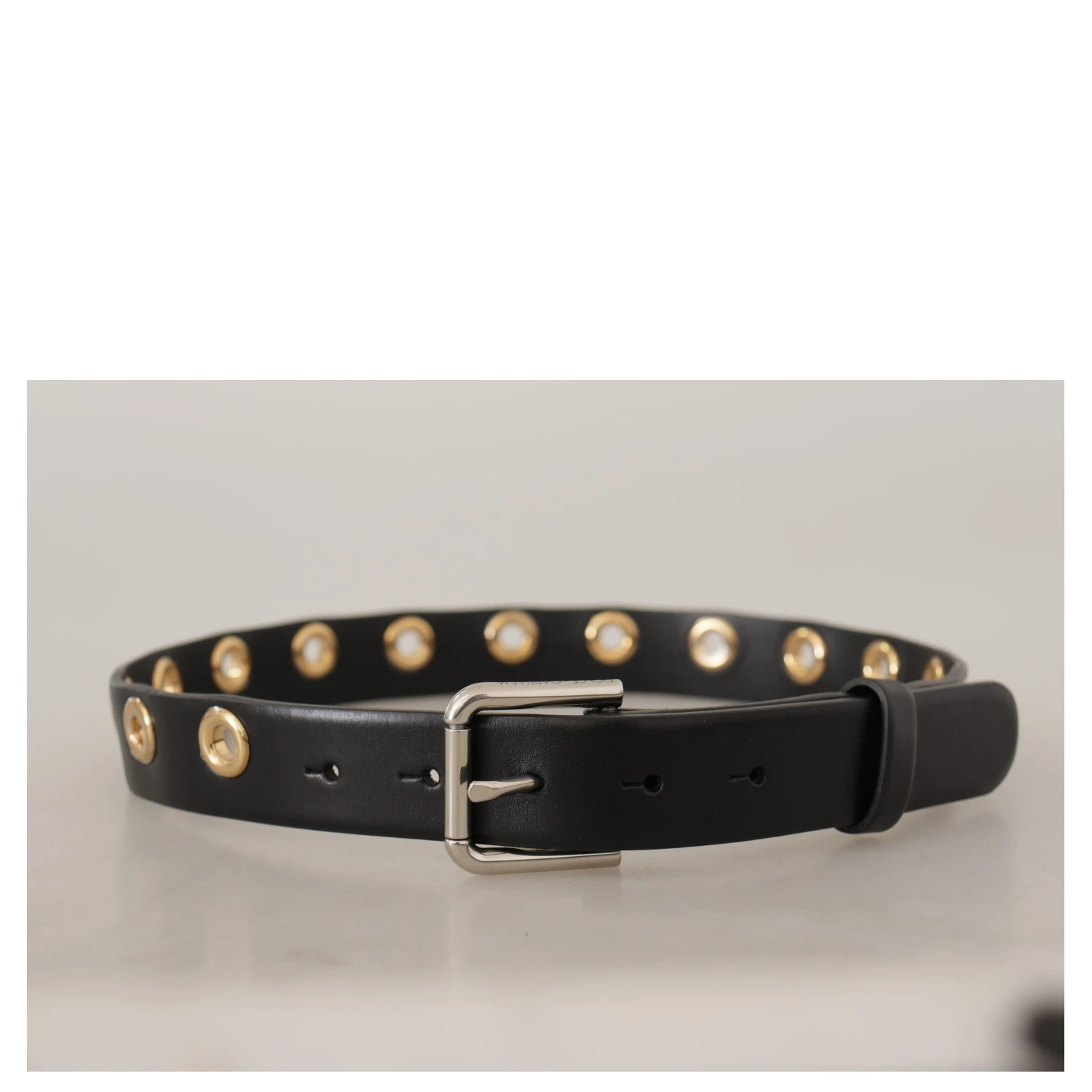Black Leather Eyelet Silver Tone Metal Buckle Belt
