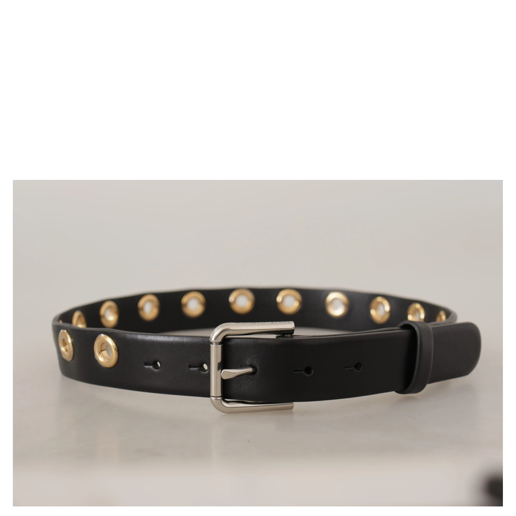 Black Leather Eyelet Silver Tone Metal Buckle Belt