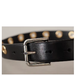 Black Leather Eyelet Silver Tone Metal Buckle Belt
