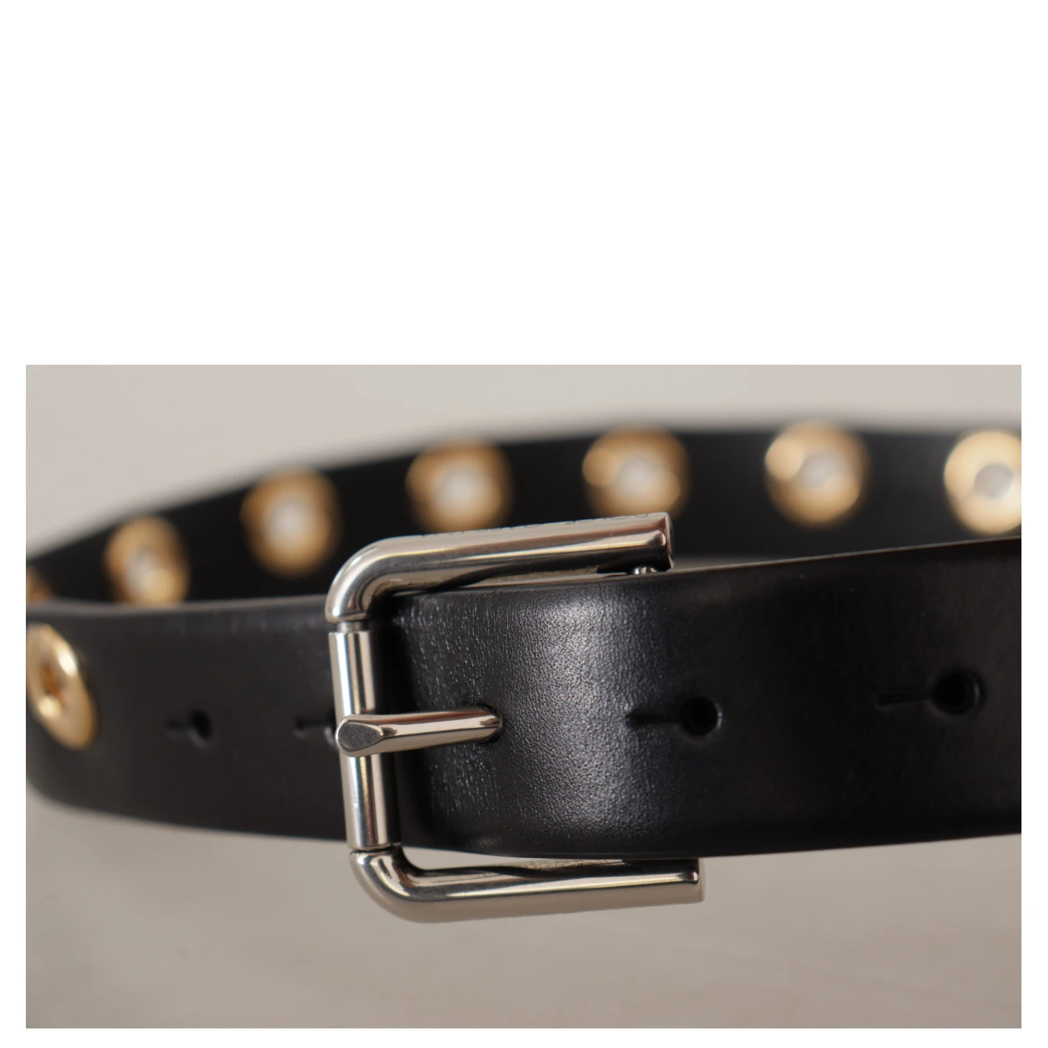 Black Leather Eyelet Silver Tone Metal Buckle Belt