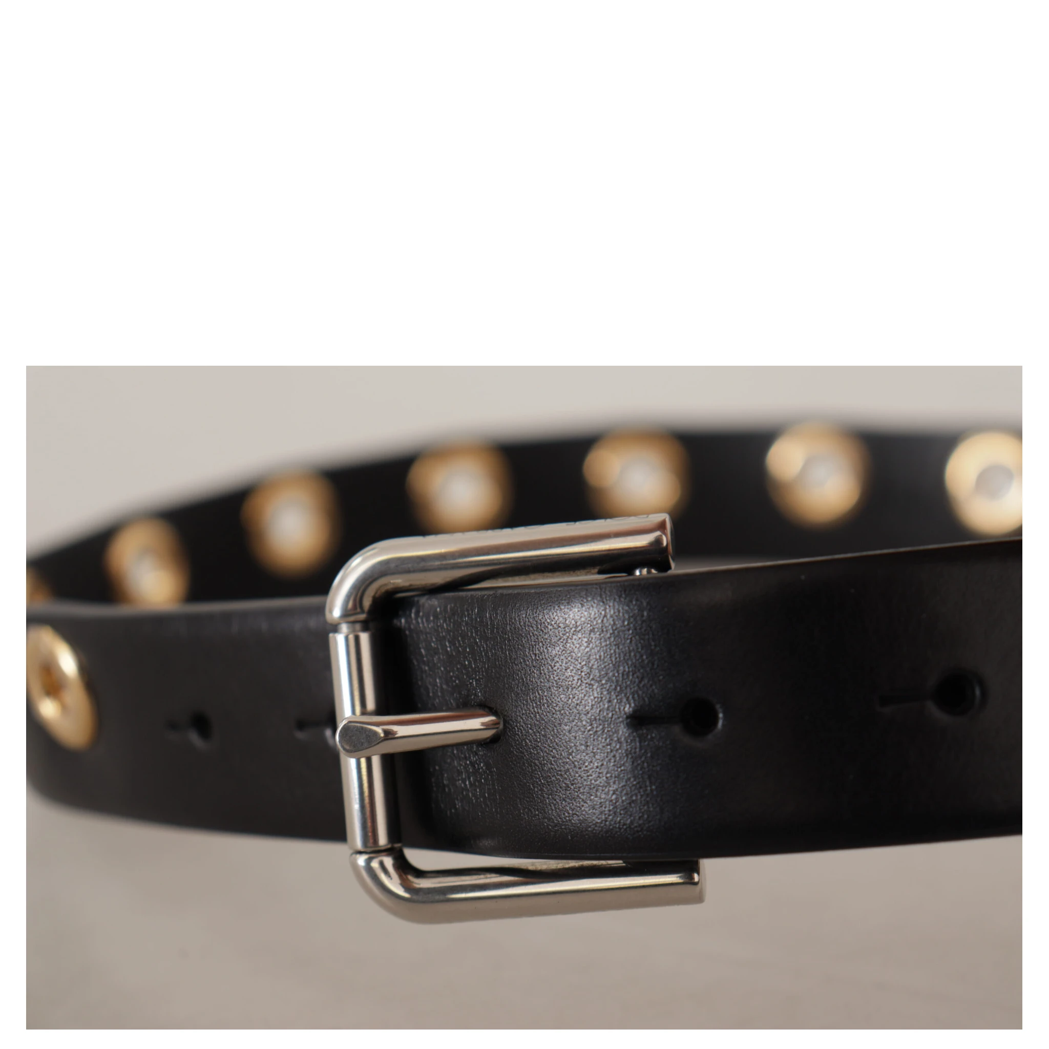 Black Leather Eyelet Silver Tone Metal Buckle Belt