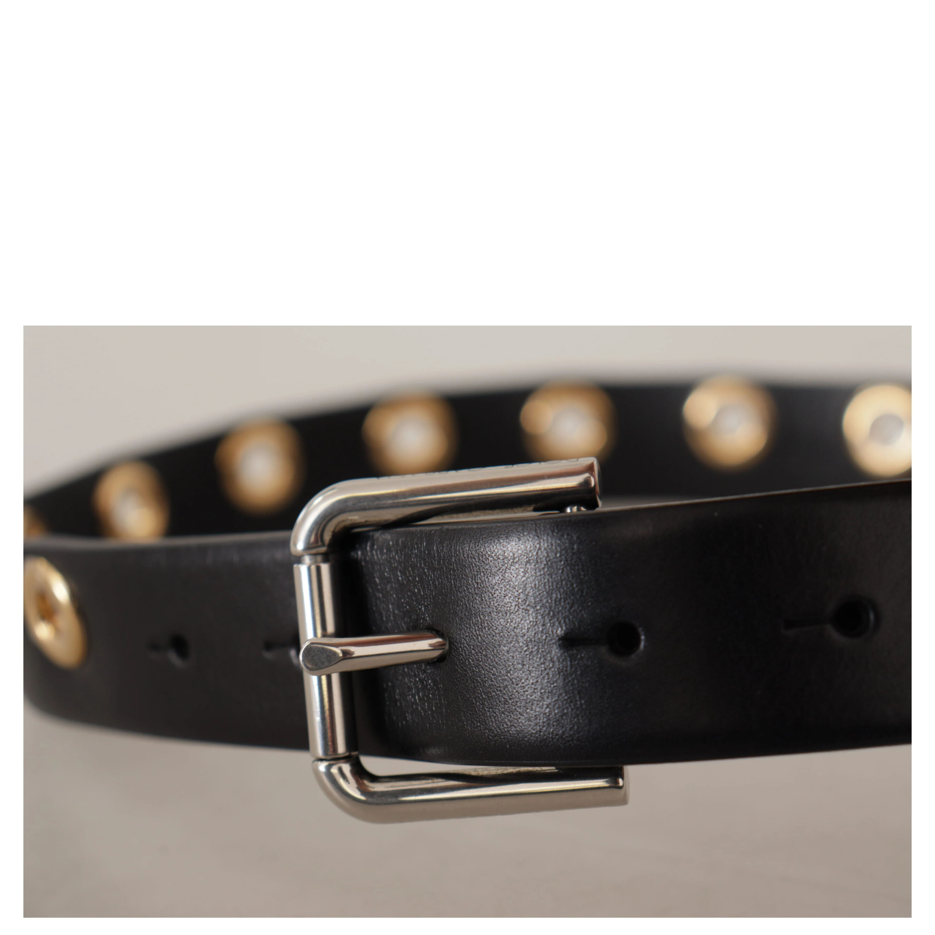 Black Leather Eyelet Silver Tone Metal Buckle Belt