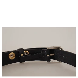 Black Leather Eyelet Silver Tone Metal Buckle Belt